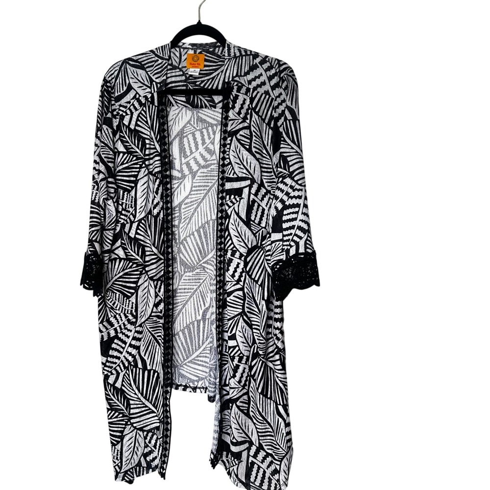 Ruby Rd Woman‎ Black White Tropical Leaf Print Crochet Trim Kimono Cardigan 1X